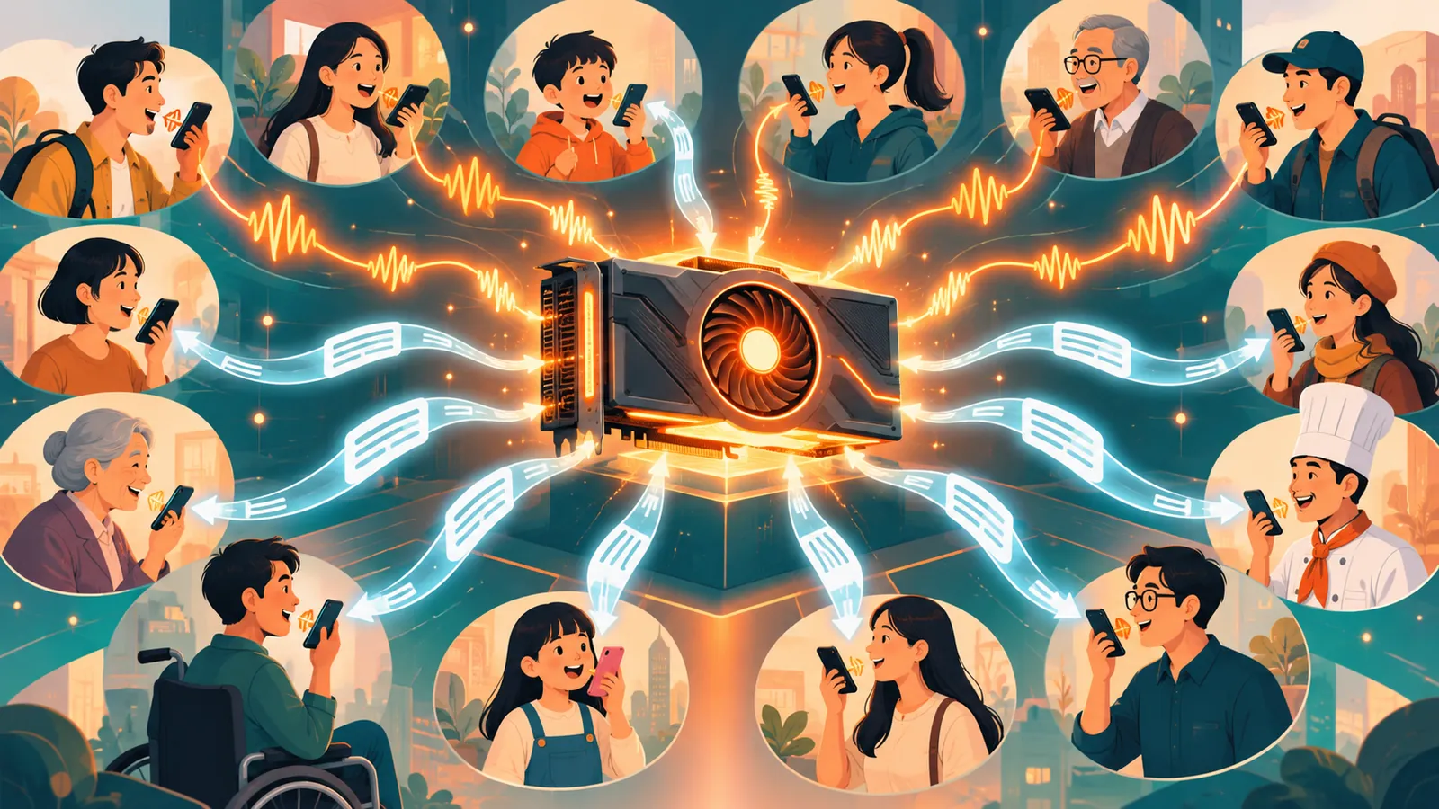 很多人同時對手機說話，聲波匯到中間一張 GPU，文字再傳回每個人